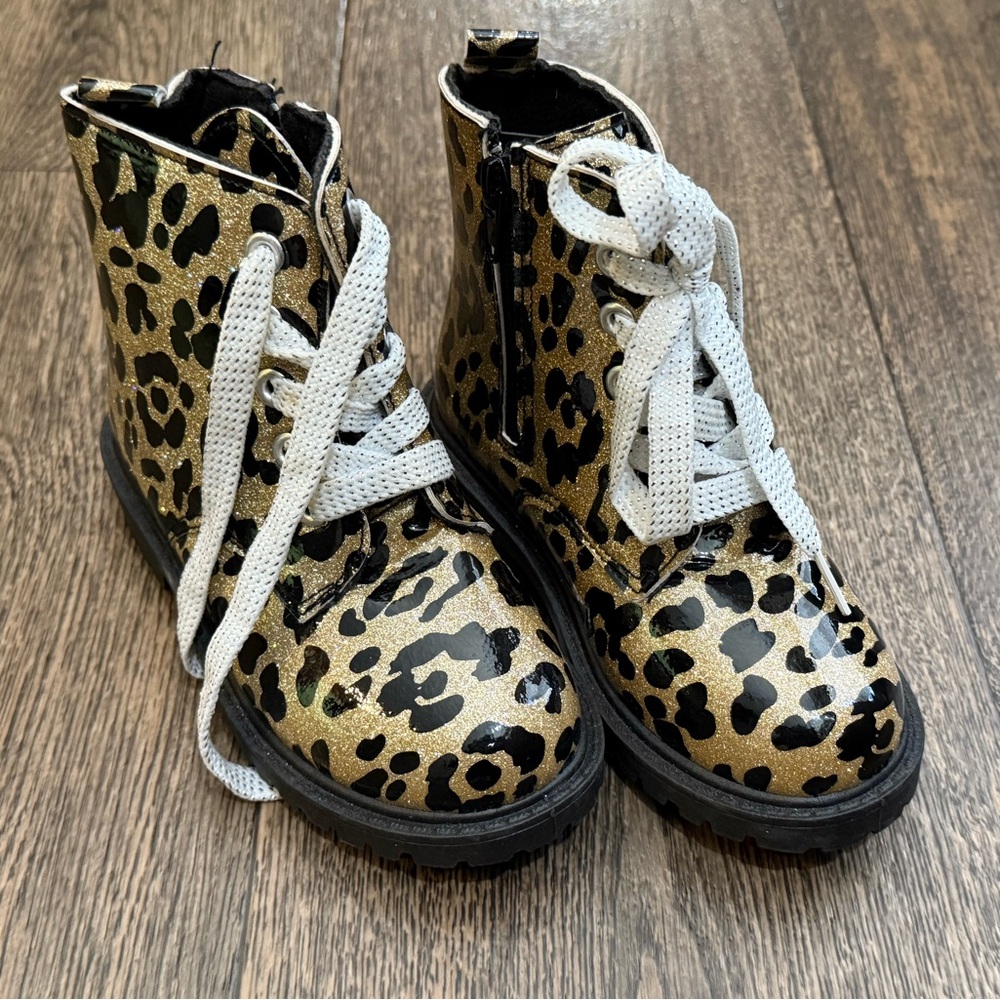 Leopard Print Kids Boots with White Laces